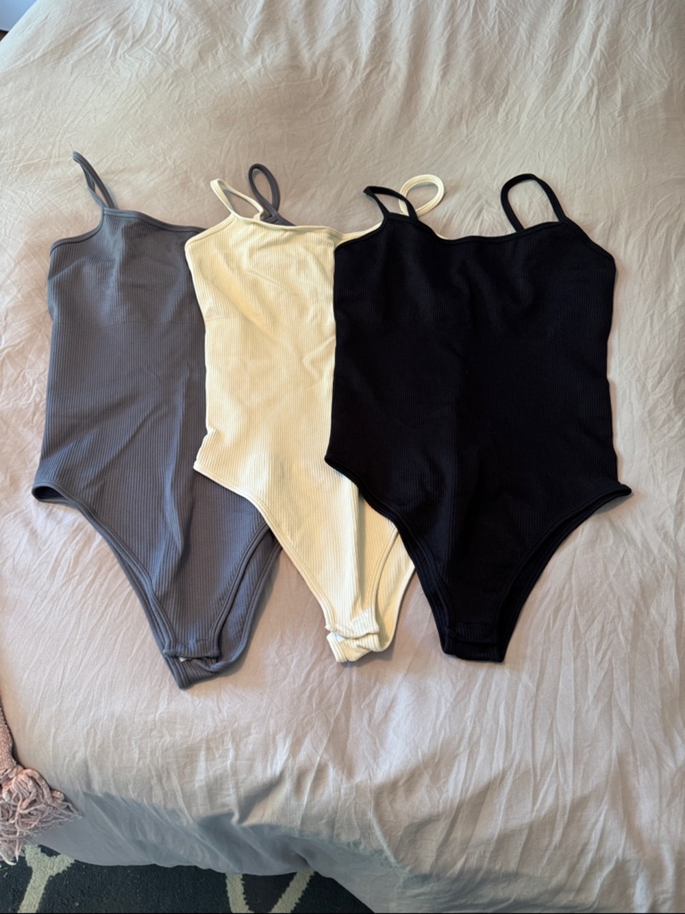 NWOT Ribbed Spaghetti-Strap Bodysuit in Gray, Cream & Black
